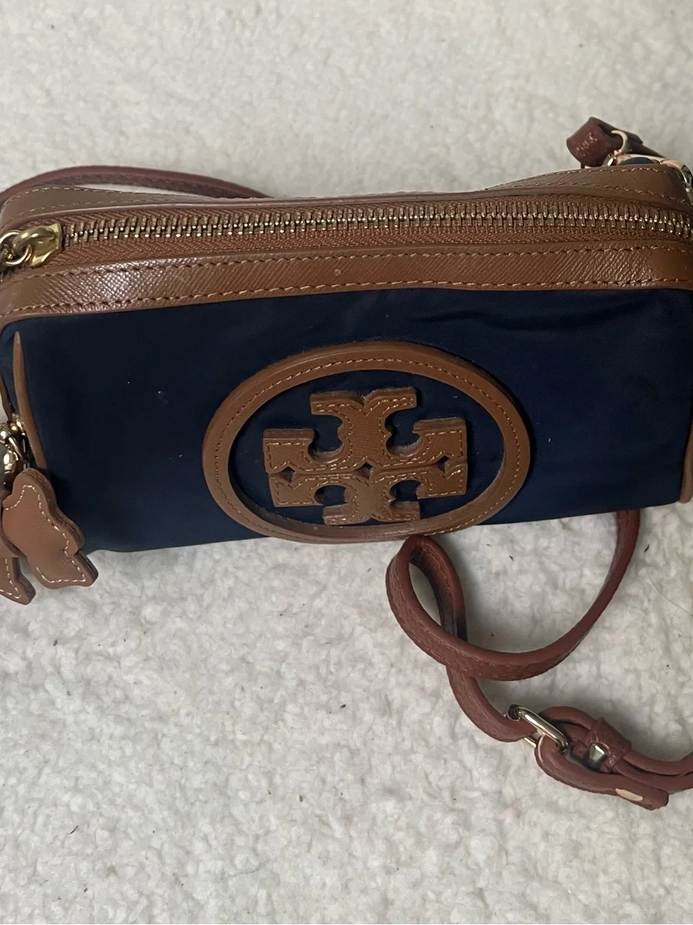 Tory Burch Navy and Brown Embossed Logo Upcycled Beauty to Crossbody Bag